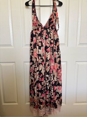 Free People Black Floral Maxi Silk Dress with Pink Lace and Cream Accents